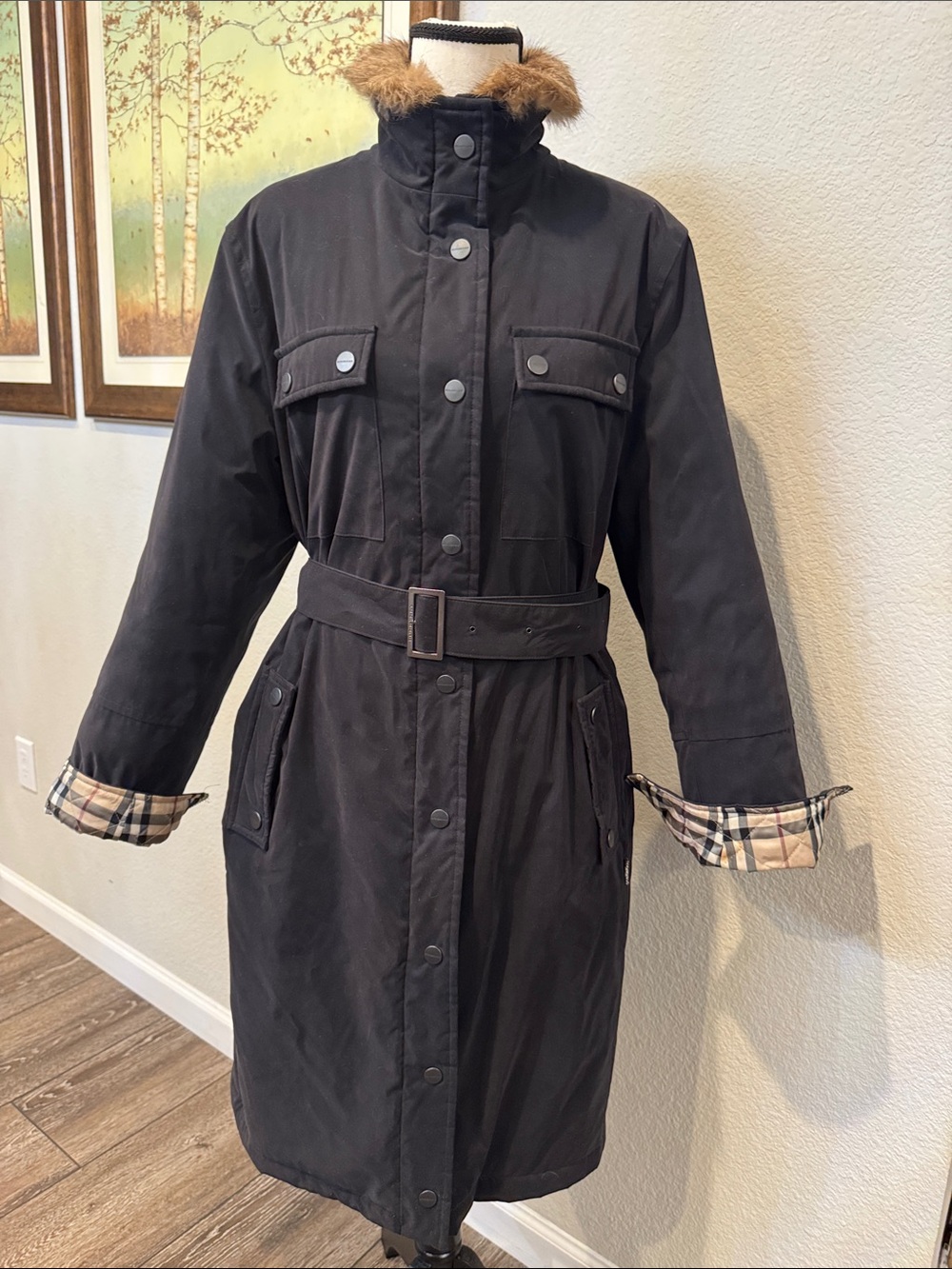 Authentic Burberry Black Plaid-Lined Winter Coat with Rabbit Fur Collar